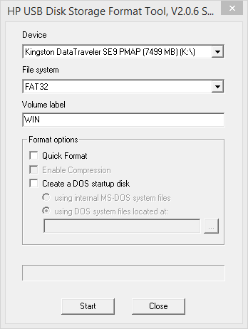 Интерфейс программы HP USB Disk Storage Format Tool